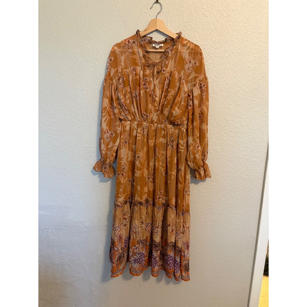 &merci Womens Floral Paisley Ruffle Neck Tiered Chiffon Midi Dress Orange Medium
